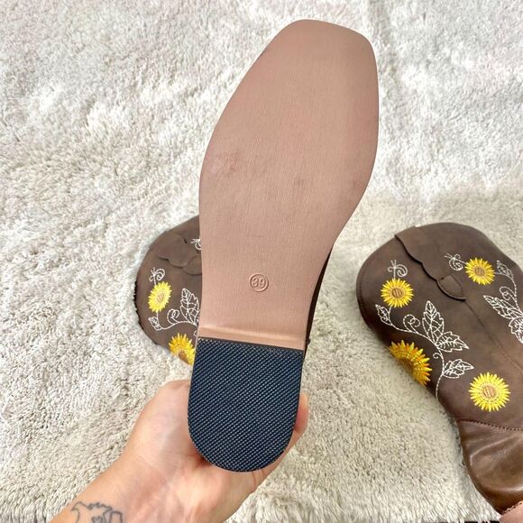 Nokio Iconic Flower Embroidered Brown Yellow Mid Calf Western Cowgirl Boots US 8 - Picture 7 of 8